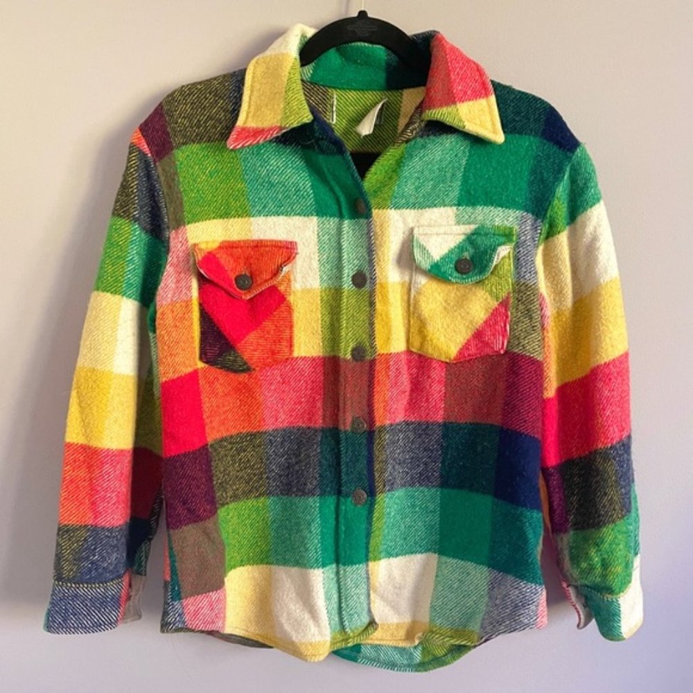Vintage 70s HBC Coloured Plaid Wool Collared Bell Shirt Shacket - XS/S - Picture 7 of 8